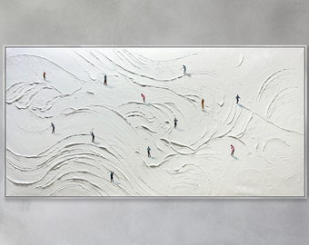 Arte Sportiva 3D Sci Quadro Originale Stile Gesso Texture di Muro Regalo Personalizzato Idea Regalo per Sciatori Dipinto Bianco Sci Opere