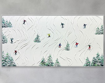 White Snow Skiing Art Original Ski Sport Painting on Canvas Custom Painting Texture Wall Art Personalized Gift Skier on Snowy Mountain Art