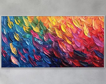Large Boho Textured Wall Art Abstract Colorful Leaves Canvas Oil Painting Hand Thick Palette Knife Impressionist Landscape Decor For Bedroom