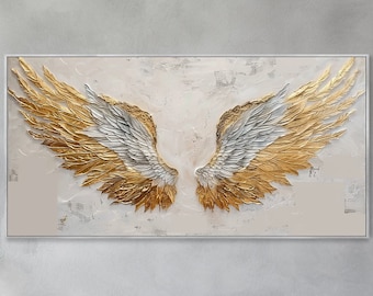 Œuvre originale sur toile Ailes d'or en 3D Art mural texturé Wabi-sabi Décoration murale salon Style bohème Minimalisme Cadeau