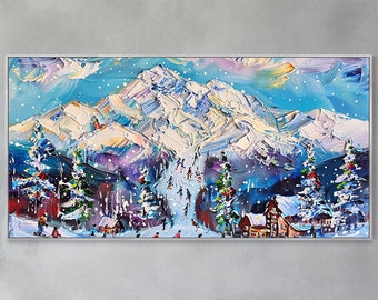 Original Framed,3D Skiing Art,Gesso Style,Textured Wall Art,Personalized Gifts,Gifts for Skiers,White Snowboard Paintings,Skier Paintings