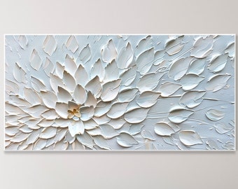 Dipinto ad olio su tela in stile gesso bianco 3D Minimalismo Wabi-sabi Arte da parete Testura crema Dipinto a spatola fatto a mano Fiori