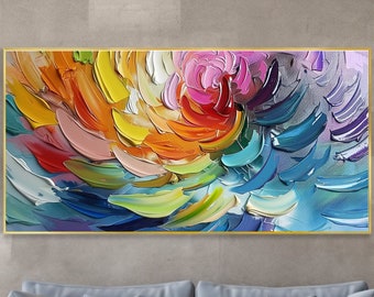 Colorful Texture Wall Mural 3D Abstract Feather Art BoHo Home Decor Vibrant Custom Canvas Wall Art Pop Art Original Petal Palette Knife Art