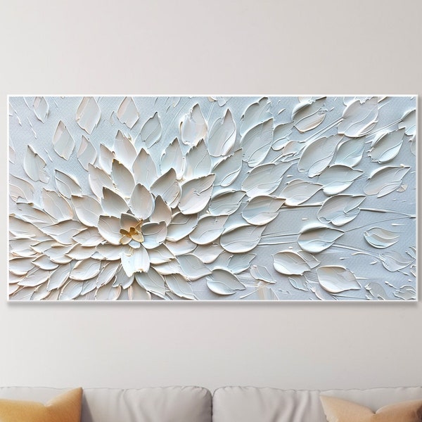 Obraz 3D na płótnie w stylu białego gipsu minimalistyczna sztuka ścienna ręcznie malowana teksturą kremową szpachlą kwiaty w pełnym