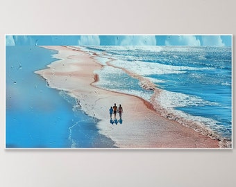 Quadro estate spiaggia vacanza Paesaggio marino su tela azzurra Dipinto olio fatto a mano Coast scenico Originale decorazione murale Tessuto