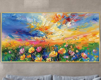 Original Sea Of Flowers Textured Canvas Art Colorful Sky Landscape Boho Floral Wall Art Spring Decor Exquisite Home Decor Mother's Day Gift