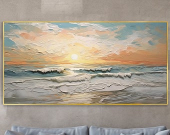 Quadro marino all'alba su tela, paesaggio marino astratto, arte murale texture, pittura costiera, decorazione soggiorno, regalo di Natale
