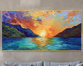 Original Aurora Landscape Painting Cozy Sunrise Scenery Home Decor Colorful Mountain Canvas Oil Painting Blue Ocean Texture Wall Art