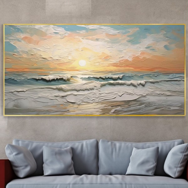 Peinture marine du lever de soleil sur toile paysage abstrait art mural texturé côte peinture décoration salon cadeau de Noël