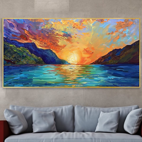 Peinture originale paysage d'aurore boréale décoration intérieure paysage de montagnes colorées toile de lever de soleil art mural océan