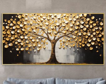 Golden Tower Tree Hand Palette Knife Painting Blooming Tree of Life Canvas Oil Painting Abstract Floral Texture Wall Art Minimalist Black