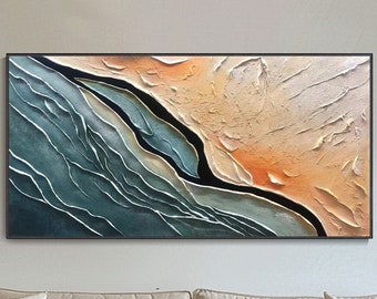 Dipinto ad olio su tela 3D minimalista con onde marine quadro scenico blu del mare arte da parete originale Wabi-Sabi texture spessa