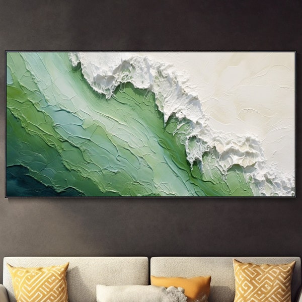 Art abstrait paysage marin vert Vagues 3D blanches Toile minimaliste grande taille Art mural wabi-sabi Déco murale tendance Cadeau