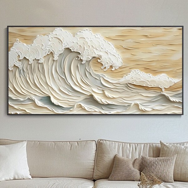 3D Framed White Ocean Waves Art Abstract Brown Ocean Canvas Oil Painting Wabi Wabi Texture Wall Art Minimalist Gesso Style Ocean Painting