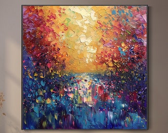 Original Enchanting Floral Cascade Colorful Hand-Painted Flower Oil Painting on Canvas Contemporary Artwork for Living Room Decor Floral Art