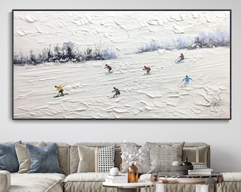 3D Ski Scenery Hand Oil Painting Original Outdoor Skiing Texture Wall Art Abstract White Heavy Texture Palette Knife Painting Custom Skiing