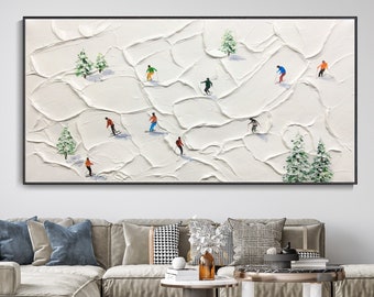 Pittura ad olio su tela 3D a mano Grande festa sugli sci Arte Sport sulla neve Arte murale Regalo personalizzato per sciatori Regalo di