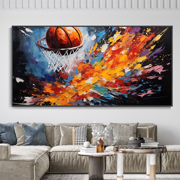 Custom NBA Event Art Basketball Stadium Art Vibrant Colorful Textured Wall Art Boho Thick Painted Canvas Oil Painting Great Shooting Moments