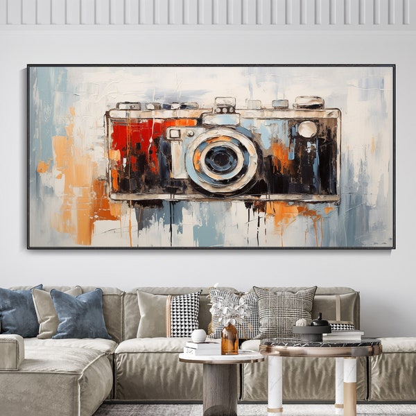 Unique Camera Canvas Oil Painting, Original Camera Art for Videographers, Vintage Tone Landscape Wall Art, 3D Textured Palette Knife Art