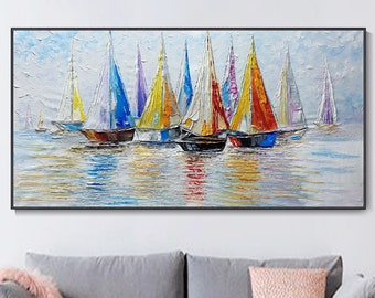 Boho Sailboat Party Oil Painting Art, Seascape Texture Painting, Colorful Boat Large Wall Decor Painting, Hand Custom, Living Room Decor Art