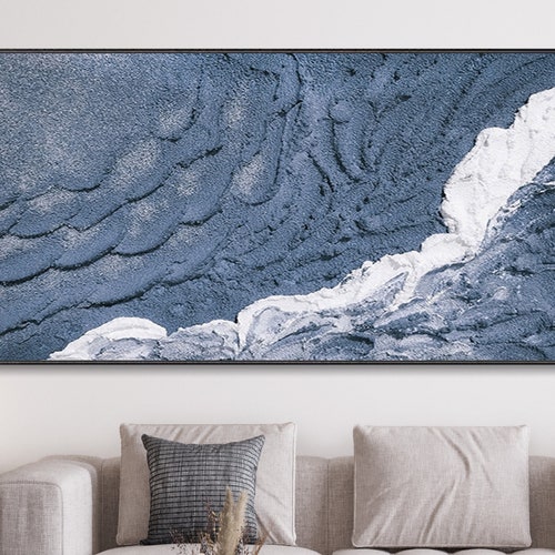 Large Hand Blue Sea Landscape Oil Painting On Canvas, Abstract Thick shops Texture White Waves Living Room Decor Works, Summer Vacation Home Decor