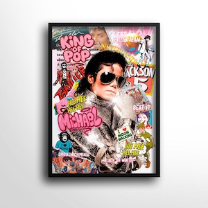 May include: A framed art print featuring a collage of images and text related to Michael Jackson. The central image is a portrait of Jackson wearing sunglasses. Text includes "King of Pop," "Michael," and "Smooth Criminal."