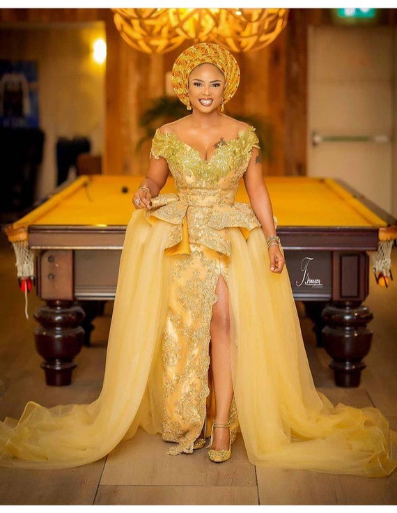 These 25 Gold Lace AsoEbi Dresses Are Nothing But Stunning and Gorgeous   Lace styles for wedding, African fashion designers, Asoebi lace styles