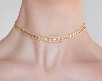 Gold 'Isla' Choker - 14k Gold Plated Dainty Minimal Choker Necklace - Geometric Double Layered Choker