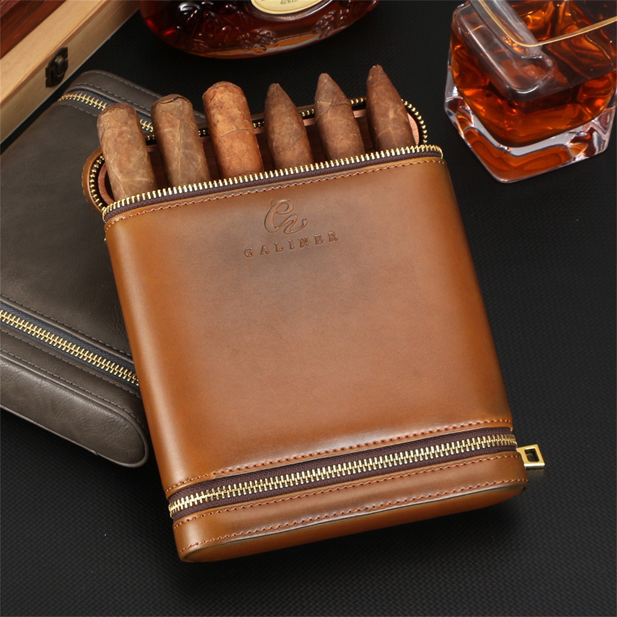 Leather Cigar Case Holster Portable Travel Black Browm Humidor