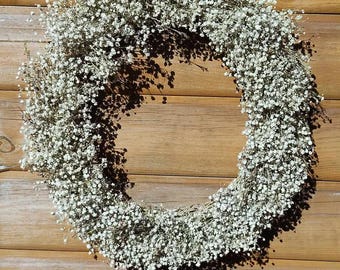 Handcrafted Dried Baby's Breath Wreath, White Gypsophila Door Decor