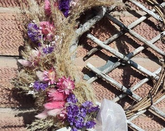 Handmade Dried Flower Wreath, Pink Purple Strawflower, Rustic Meadow Door Decor