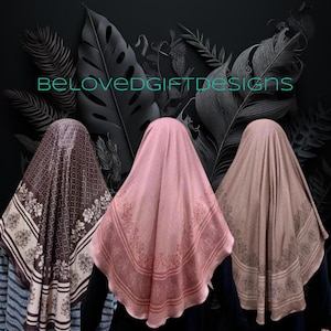 May include: Three patterned scarves in brown, pink and beige. The scarves have a floral design with a white border. The scarves are draped over a black background with leafy designs.