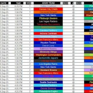 Peut inclure: Un calendrier détaillé des matchs de football américain, avec les équipes, les dates, les heures et les numéros de semaine. Le tableau comprend des équipes comme les Dallas Cowboys, les Kansas City Chiefs et les Philadelphia Eagles. Le calendrier est organisé en grille.