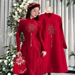 Red wedding dress with embellishments-Áo dài cưới màu đỏ đính kết , Ao Dai For Women, Vietnamese Dress For Women, Ao dai for Wedding