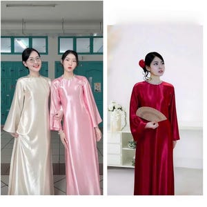 Soie miroir italienne Ao Dai - Robe vietnamienne ample avec col rond et détails élégants en strass