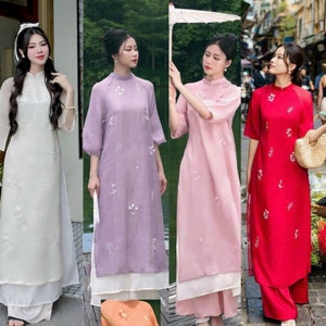 Áo dài cách tân nữ dáng suông thêu -Women&#39;s innovative ao dai with plaited shape embroidered-Ao Dai for Girls,Ao Dai WEDDING- Pre Ao Dai Tet