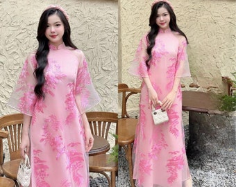 Women&#39;s 4-panel organza embroidered with flowers-Áo dài cách tân organza thêu hoa  , Ao Dai For Girls , Ao Dai Dress For Women