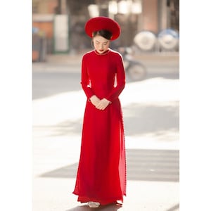 Pre-made Red Ao Dai Viet Nam - Red wedding dress - AoDai Co dau Viet Nam - Áo dài cô dâu, áo dài cưới gấm 4 tà