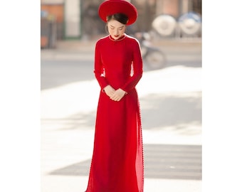 Pre-made Red Ao Dai Viet Nam - Red wedding dress - AoDai Co dau Viet Nam - Áo dài cô dâu, áo dài cưới gấm 4 tà