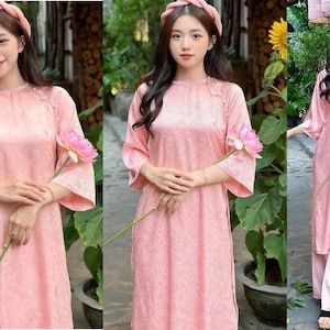 Modified Ao Dai with Round Neck and Rose Silk Brocade-Áo Dài Cổ Tròn Lụa Gấm Tơ Hồng, Ao Dai for Girls, Ao Dai for Women, Ao Dai WEDDING