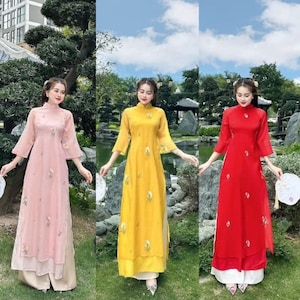 Innovative 4 piece long dress with flowers -Áo dài cách tân 4 tà đính kết hoa- Ao Dai Viet Nam