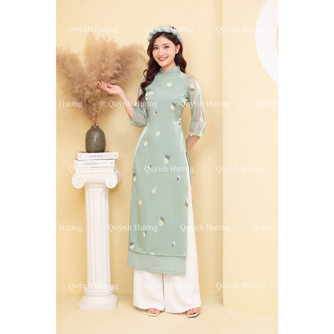 Mint Blue Floral Embroidered Chiffon Long DressÁo Dài Voan Tơ Etsy