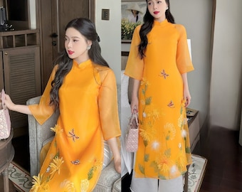 Vietnamese Ao dai silk dress white little flower (áo dài cách tân ) Ao dai Wedding, Ao Dai for Girls, Ao Dai for Women, Ao Dai Tet Viet Nam