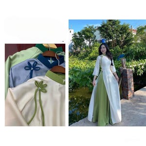 Perle de soie Ao Dai - Robe traditionnelle vietnamienne avec manches mi-longues évasées et nœud élégant