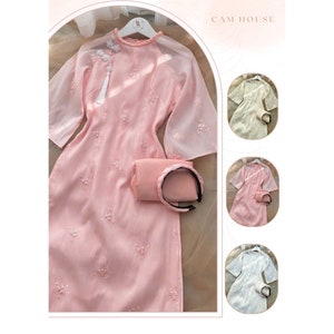 Modern Ao Dai with Embroidered Silk Flowers-Áo Dài Cách Tân Tơ Thêu Hoa Nổi, Ao Dai For Girls , Ao Dai Dress For Women