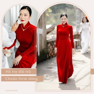 Pre-made Red Velvet Ao Dai Viet Nam - Vietnamese Traditional Ao Dai Red Velvet- Red Wedding Dress - Áo dài cô dâu nhung đỏ, cổ cao