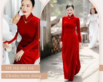 Pre-made Red Velvet Ao Dai Viet Nam - Vietnamese Traditional Ao Dai Red Velvet- Red Wedding Dress - Áo dài cô dâu nhung đỏ, cổ cao