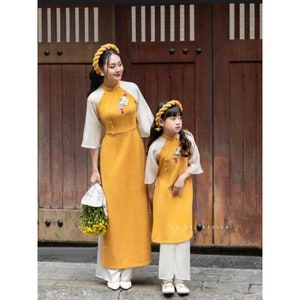 Modern Ao Dai with puffed sleeves-Áo Dài Cách Tân Tay Bồng Đính Kết, Ao Dai For Girls , Ao Dai Dress For Women