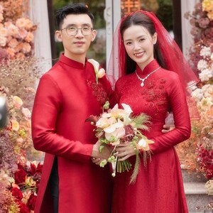 Áo dài cưới đính kết chất liệu gấm tơ đỏ đô -Handmade Ao Dai for Men and Women for Weddings -Wedding Dress | Ao Dai For Bride|