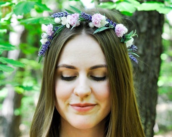 Flower Girl Crown, Lavender Flower Crown, Lavender Girl Headband, Lavender Bride Headpiece, Wedding Lavednder Flower Crown, Violet Wreath